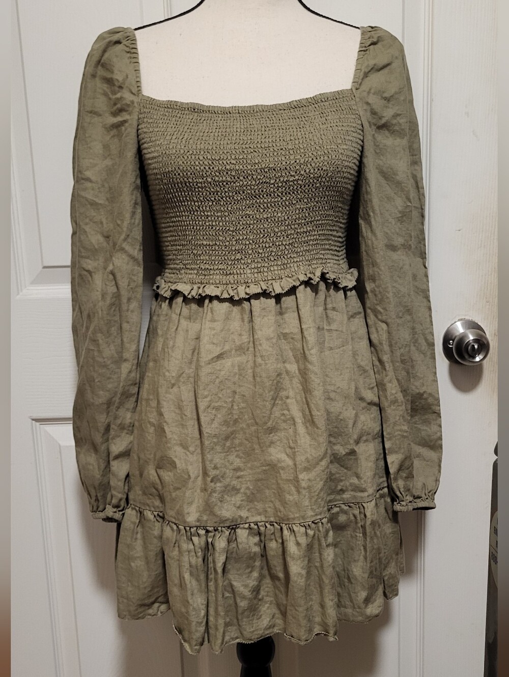 Quince 100% European Linen Tiered Smocked Mini Dress In Olive